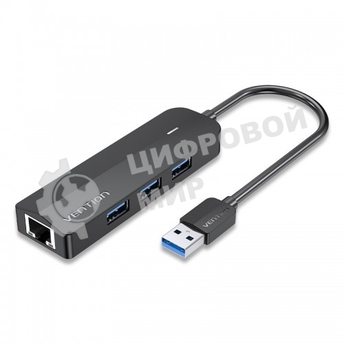 Сетевой адаптер Vention USB 3.0 M/Gigabit Ethernet RJ45 F+OTG хаб 3xUSB черный - 0.15м.