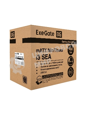 Компьютерный корпус Minitower ExeGate i3 SEA (mATX, БП 600NPX, 2*USB+1*USB 3.0, HD аудио, черный, 1 вент. 12см с RGB подсветкой, передняя и боковая панели - закаленное стекло)