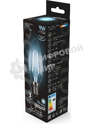 Лампа светодиодная филаментная Gauss 9Вт цок.:E14 свеча 220B 4100K св.свеч.бел.ней. C37 (упак.:10шт)