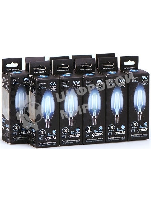 Лампа светодиодная филаментная Gauss 9Вт цок.:E14 свеча 220B 4100K св.свеч.бел.ней. C37 (упак.:10шт)