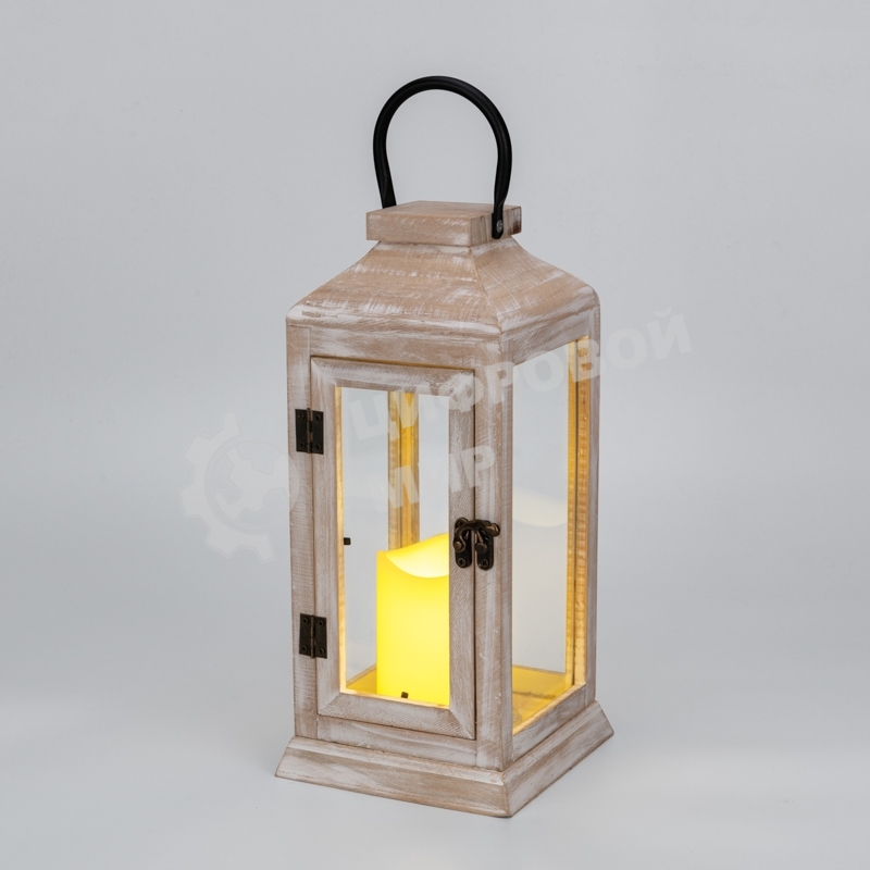 Фонарь декоративный Neon-night со свечкой, корпус из дерева, бежевый, 15х15х38cм, теплый белый