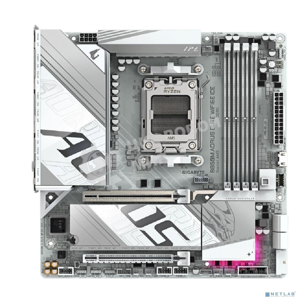 Материнская плата Gigabyte B850M AORUS ELITE WIFI6E ICE, AM5, AMD B850, 4xDDR5, 4xSATA, 2xM.2, 1xPCIe 5.0 x16, 1xPCIe 3.0 x4, 1xDP, 1xHDMI, 1x2.5Gb LAN, Wi-Fi 6E, Bluetooth 5.3, 2xUSB-A 10Gbps (Gen2), 5xUSB-A 5Gbps, 4xUSB-A 2.0, 1xUSB-C 10Gbps (Gen2), 2x3.5 мм, 7.1, mATX