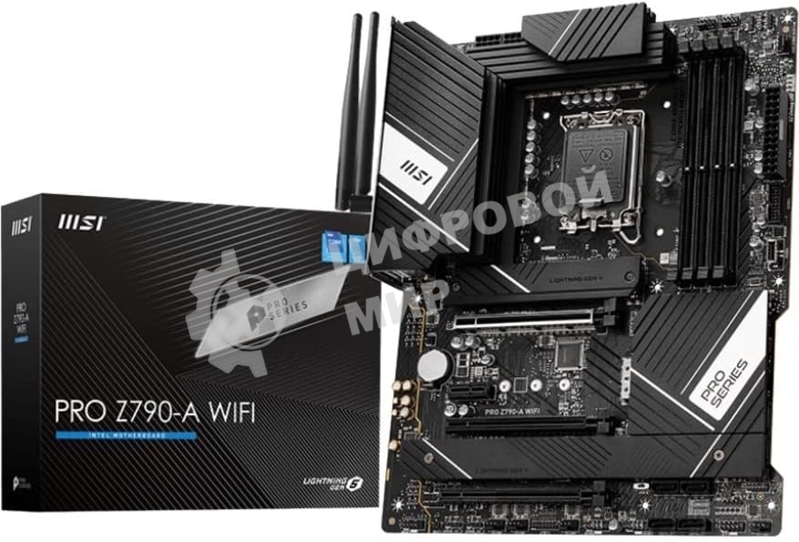 Материнская плата MSI PRO Z790-A WIFI, LGA1700, Intel Z790, 4xDDR5, 6xSATA, 4xM.2, 1xPCIe 5.0 x16, 1xPCIe 4.0 x4, 1xPCIe 3.0 x1, 1xDP, 1xHDMI, 1x2.5Gb LAN, Wi-Fi 6E, Bluetooth 5.3, 1xUSB-C 20Gbps, 3xUSB-A 10Gbps, 2xUSB-A 5Gbps, 2xUSB-A 2.0, 5x3.5 мм, 7.1, ATX