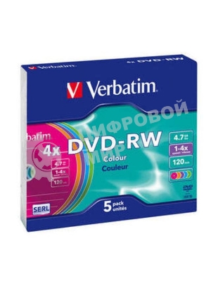 Диск DVD-RW Verbatim 4.7Gb 4x Slim case (5шт) Color (43563)