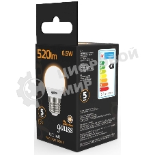 Лампа светодиодная Gauss Black 6.5Вт цок.: E27 шар 220B 3000K св. свеч. бел. теп. G45 (упак.: 10 шт)