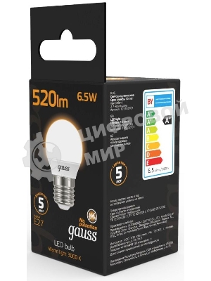 Лампа светодиодная Gauss Black 6.5Вт цок.: E27 шар 220B 3000K св. свеч. бел. теп. G45 (упак.: 10 шт)