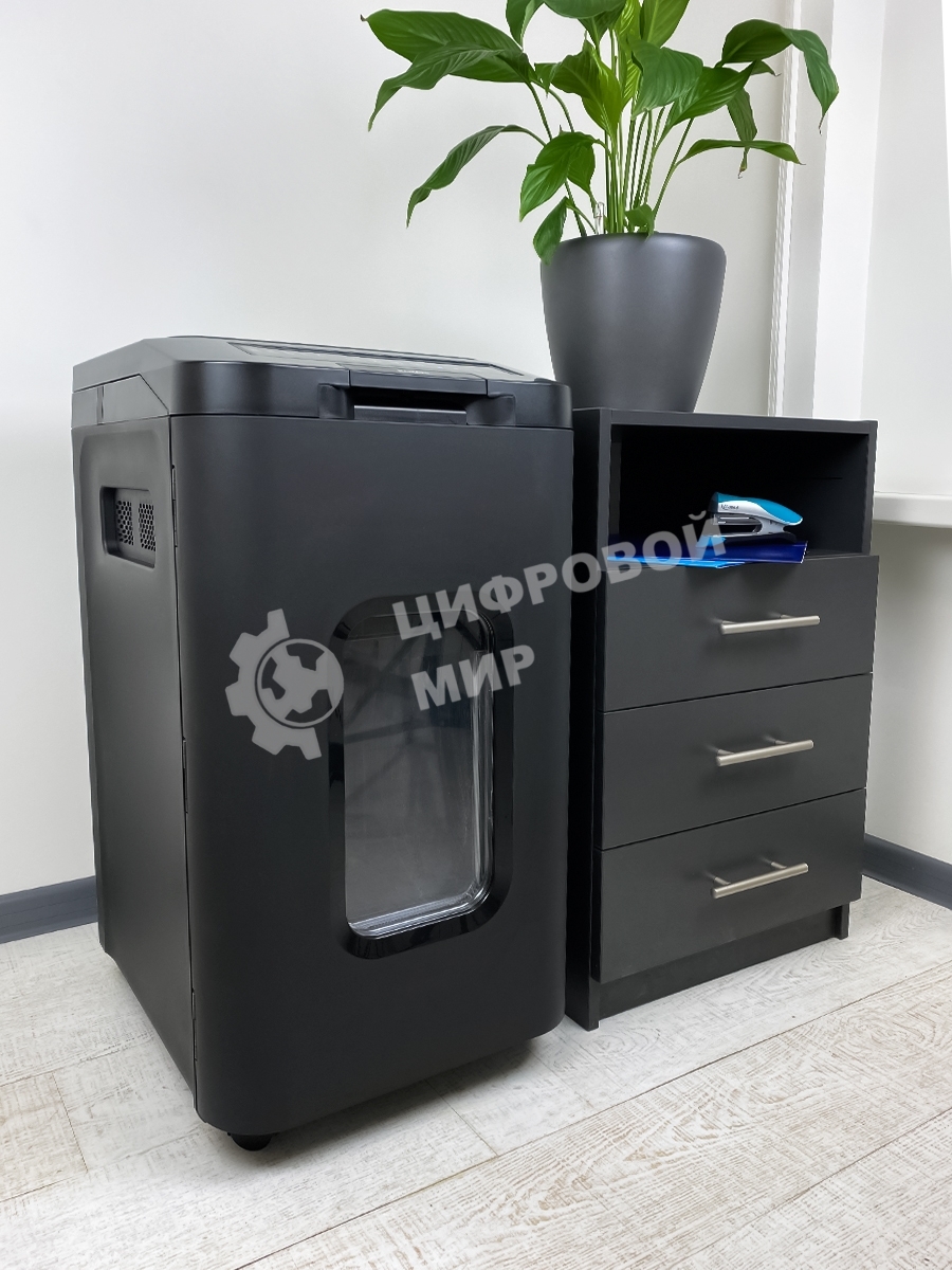 Шредер Heleos АП55-4 черный с автоподачей (секр.P-4) фрагменты 400лист. 55лтр. скрепки скобы пл.карты