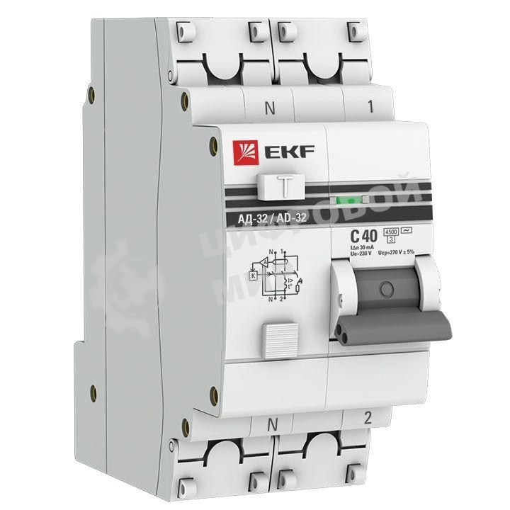 Выключатель автоматический дифференциального тока 1п+N 2мод. C 40А 30мА тип AC 4.5кА АД-32 PROxima EKF DA32-40-30-pro