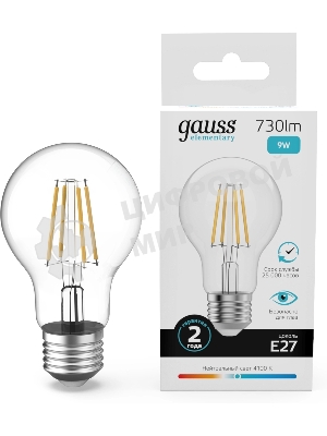 Лампа филам. Gauss Filament 9Вт цок.:E27 груша св.свеч.бел.нейт. (упак.:10шт) (22229)