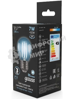 Лампа светодиодная филаментная Gauss 7Вт цок.: E27 шар 220B 4100K св. свеч. бел. нейт. G45 (упак.: 10 шт)