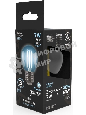 Лампа светодиодная филаментная Gauss 7Вт цок.: E27 шар 220B 4100K св. свеч. бел. нейт. G45 (упак.: 10 шт)