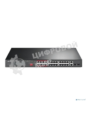 Коммутатор 24-port 10/100Mbps Unmanaged PoE+ Switch with 2 combo RJ-45/SFP uplink ports, metal case, rack mount, 24 802.3af/at compliant PoE+ ports, 2 gigabit combo RJ-45/SFP uplink ports, DIP switches for Extend mode, Isolation mode and Priority mode, up to 25