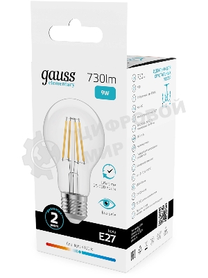 Лампа филам. Gauss Filament 9Вт цок.:E27 груша св.свеч.бел.нейт. (упак.:10шт) (22229)