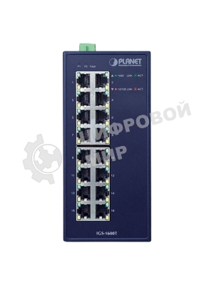 Коммутатор PLANET IGS-1600T IP30 Industrial 16-Port 10/100/1000T Gigabit Ethernet Switch (-40~75 degrees C, dual 12~48V DC/24V AC),UL certified