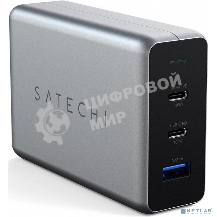 Сетевое зарядное устройство Satechi Compact Charger с технологией GaN Power. Порты: USB Type-C 100 Вт х 2, USB Type-A до12 Вт. серый космос. Satechi Compact GaN Charger 100W Type-C PD - Space Gray