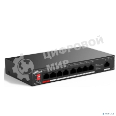 Коммутатор неуправляемый 9-портовый с РоЕ Dahua DH-SF1009P, 8xRJ45 100Mb PoE, 1xRJ45 100Mb uplink, суммарно 96Вт, коммутация 1.8 Гбит/с, MAC-таблица 2K, металл