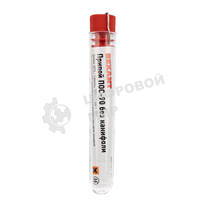 Припой без канифоли ПОС-90 Rexant, 10 г, Ø1.0 мм, (олово 90%, свинец 10%), колба