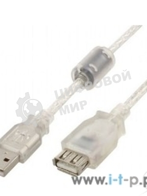 Кабель-удлинитель USB2.0 Pro Cablexpert CCF-USB2-AMAF-TR-2M, AM/AF, 2м, экран, 2феррит.кольца, прозрачный, пакет