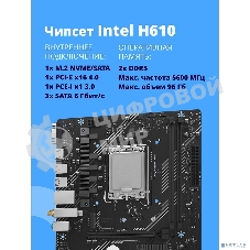 Материнская плата CBR H610M WiFi Chipset H610, Socket 1700, 2*DDR5, mATX, DP+HDMI, 1*PCIEx16,1*PCIEx1,1*M.2 NVME, 3*SATA3, 4*USB 2.0 + 2*USB3.0,WiFi, LAN 1Gb
