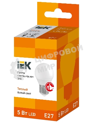 Лампа светодиодная ECO G45 5Вт шар 3000К теплый белый E27 450лм 230-240В IEK LLE-G45-5-230-30-E27