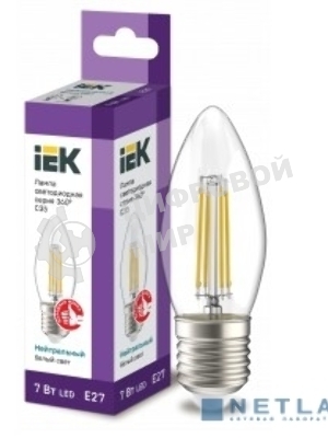 Лампа светодиодная IEK LLF-C35-7-230-40-E27-CL филаментная 360° 7Вт C35 свеча 4000К E27 230В прозр.