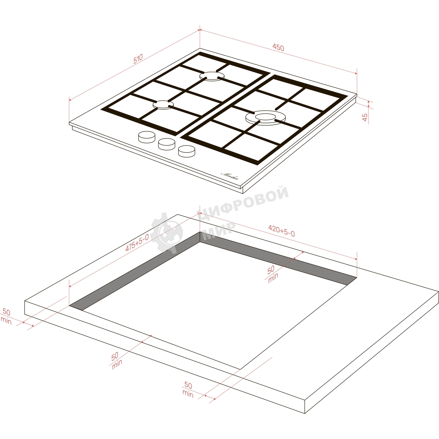 Варочная панель Monsher, газ, High-Tech, 45 см, автоматический электроподжиг, газ-контроль, форсунки под сжиженый газ, SABAF конфорки, чугунные решетки, черный