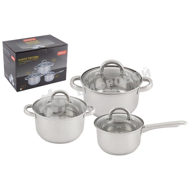 Набор посуды Mallony из нерж стали из 6 пред-в MEDIANO-SET-6 (ковш 1,9 л/кастрюли - 2,6 и 3,6 л), тм Mallony