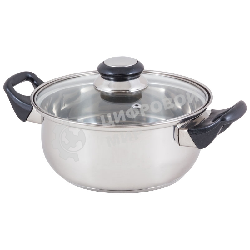 Кастрюля Mallony из нерж стали с крышкой (стекло) BAK-02, 2 л, ручки - бакелит, без ТМ