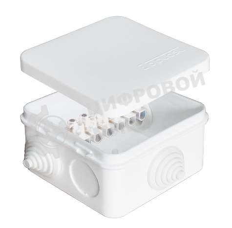 Коробка распр. ОП 75х75х45 7 выходов 3 гермоввода с клемм. 10А 6 контактов IP54 крышка защелкивающаяся бел. Epplast 220323