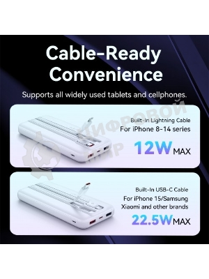 Портативный аккумулятор Vention Power Bank 10000mAh(Micro-USB/C/A/A) со встроенными кабелями 22.5W белый с LED Дисплеем, шт.