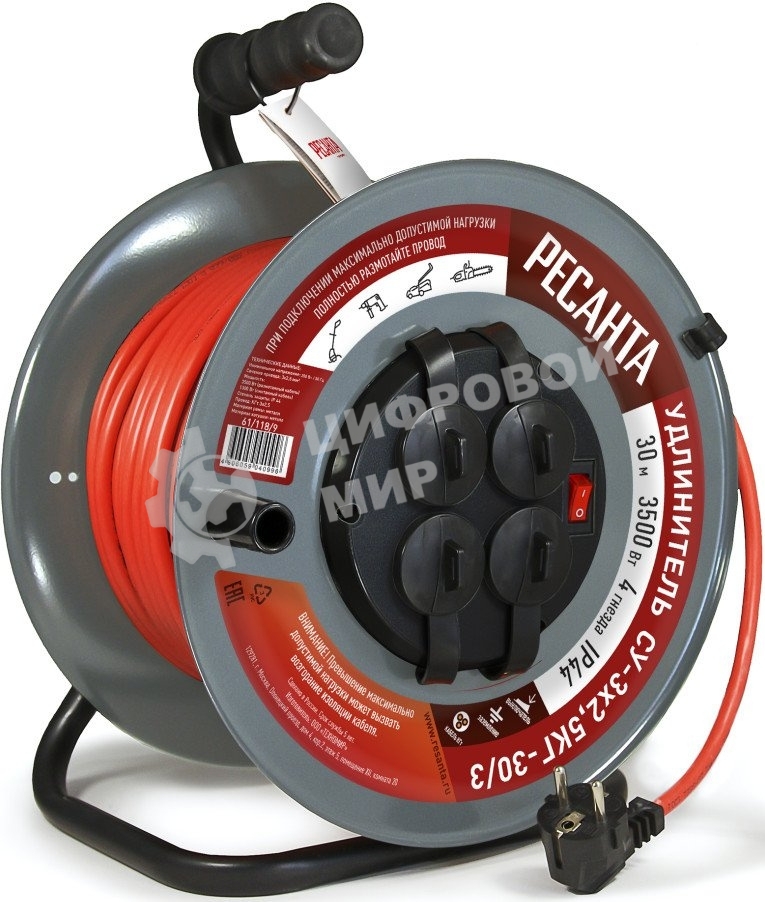 Удлинитель силовой Ресанта СУ-3х2,5КГ-30/3 (61/118/9) 2x1.0 кв.мм 4 розет. 40 м ПВС катушка серый