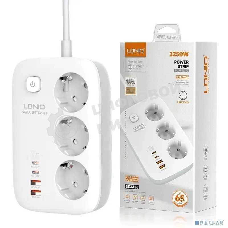 Сетевой удлинитель LDNIO SE3436/ 2м/ 3 розетки/ 3250W/ 4 USB: QC 4.0+PD 3.0+PPS/ GAN 65W/ белый