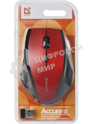 Мышь беспроводная Defender Accura MM-365 красный, 1600 dpi, радиоканал, USB, кнопки - 6