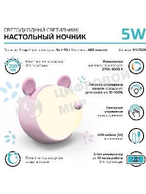 Ночник Gauss NN7024 мышка розовый
