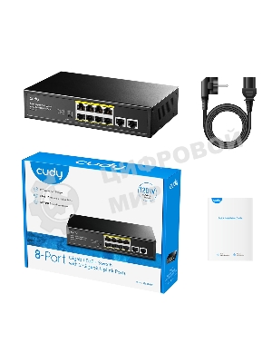 Коммутатор Cudy 8 RJ-45 10/100/1000M PSE ports +2 RJ45 10/100/1000 Uplink Port Unmanaged PoE+ Switch 120W, CCTV/VLAN mode support, long distance:250M at CCTV mode. 802.3af/at standard, Aternative 1/2(+),3/6(-), Rack-mountable Steel Case, Watchdog, 120W internal