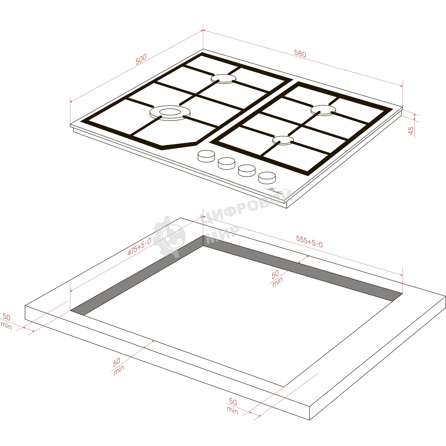Варочная поверхность MONSHER MSG 63 Acier, газ, High-Tech, 58 см, автоматический электроподжиг, газ-контроль, форсунки под сжиженый газ, SABAF конфорки, чугунные решетки, нержавеющая сталь