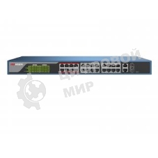 Неуправляемый коммутатор. 24 RJ45 100M PoE с грозозащитой 6кВ, 1 Uplink 1000М, 1 Uplink 1000М SFP, бюджет PoE 230Вт, CAT5e, пропускная способность 8.8 Гб/с, стандарты PoE IEEE802.3af, IEEE802.3at, 100-240 VAC, 4A, -10...+55C