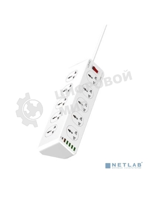Сетевой удлинитель LDNIO SC10610/ 2м/ 10 розеток EU_UK_US/ 2500W/ 6 USB: QC 3.0+PD 3.0 30W/ White
