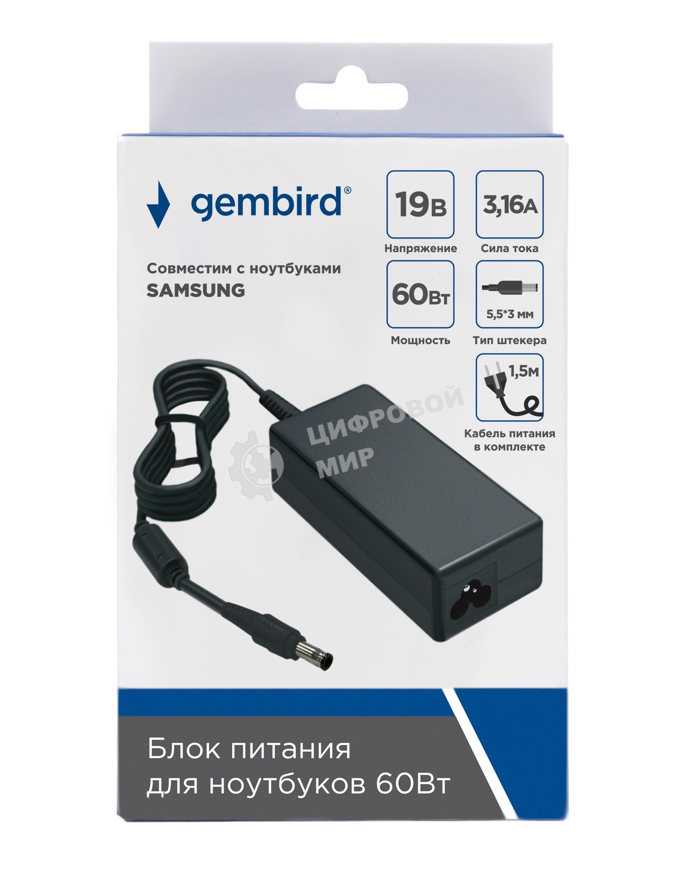 Блок питания Gembird для ноутбуков SAMSUNG NPA-AC29, 19В/3.16А, 60Вт, штекер 5.5x3мм