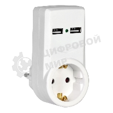 белый адаптер Т-01/01 1 место 2P+PE 16А 2хUSB 2,1A IEK