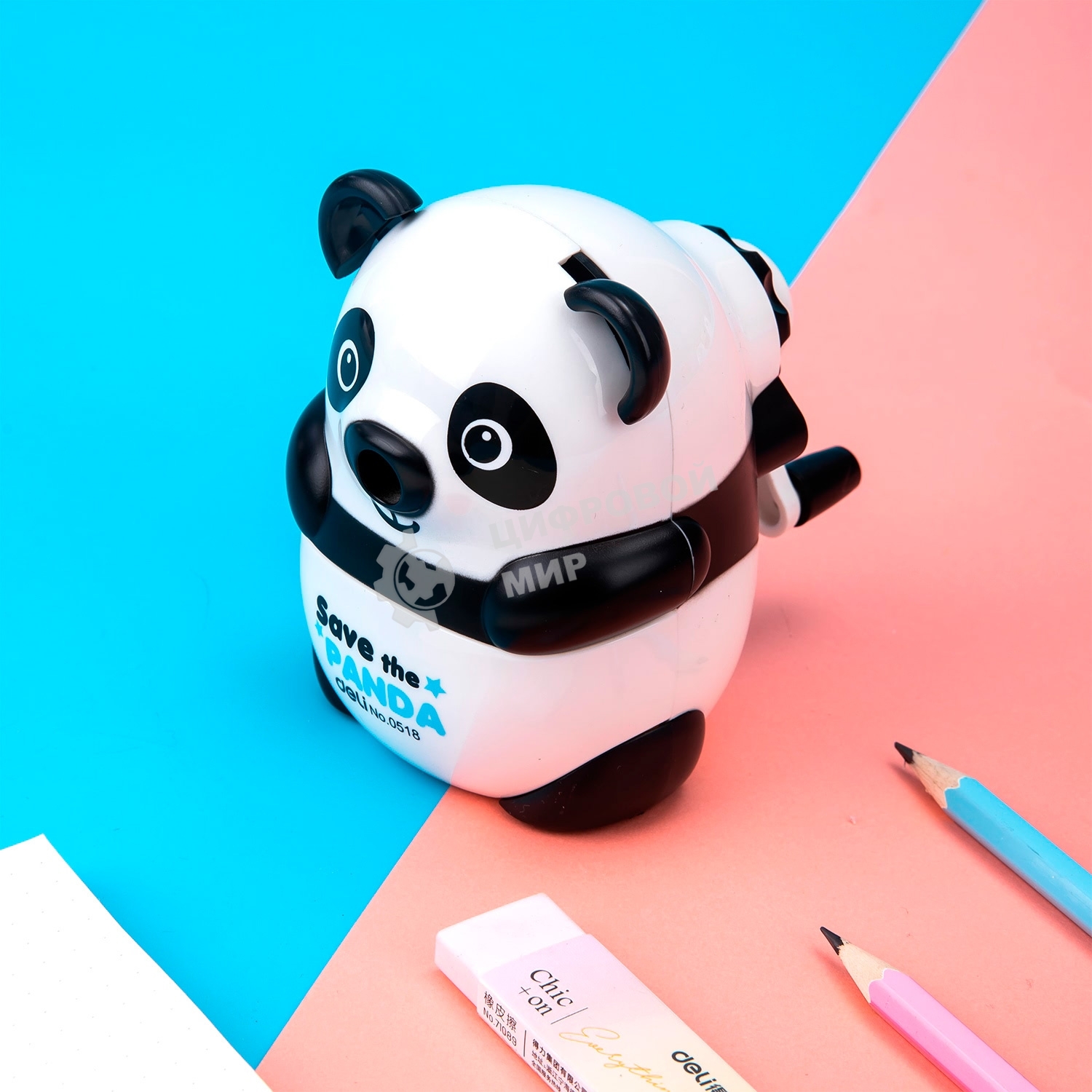 Точилка для карандашей механическая Deli Панда E0518, 1 отверстие, пластик, черный