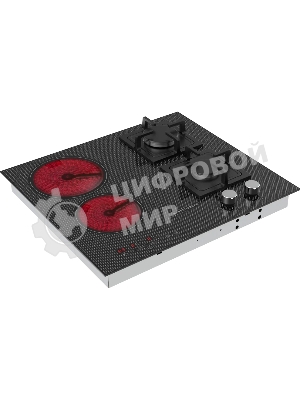 Комбинированная варочная панель Kuppersberg EGS 600 Газоэлектрическая независимая варочная поверхность, стеклокерамика KANGER, ширина 60 см, Тип нагрева HI-Light/Газ, Слайдер/механическое управление, 3 цифровых дисплев, 9 уровней мощности, Блокировка панели управления, Индикаторы остаточного тепла, Таймер, Автоматическое отключение, цвет черный с серой графикой, Цвет фурнитуры нержавеющая сталь