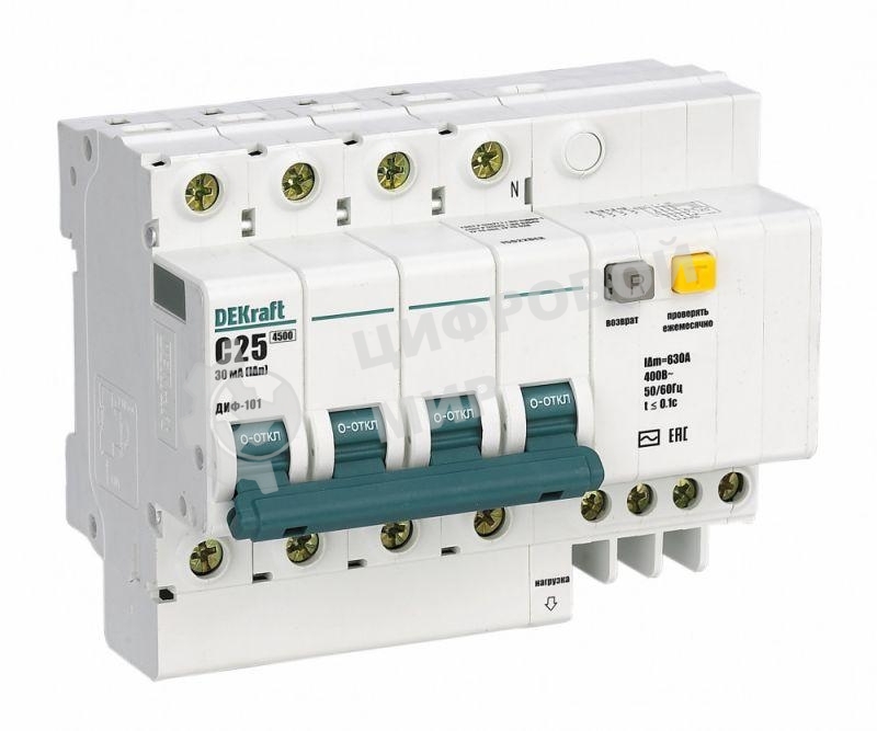 Выключатель автоматический дифференциального тока DEKraft 4п C 25А 30мА тип AC 4.5кА ДИФ-101 6.5мод DeKraft 15022DEK