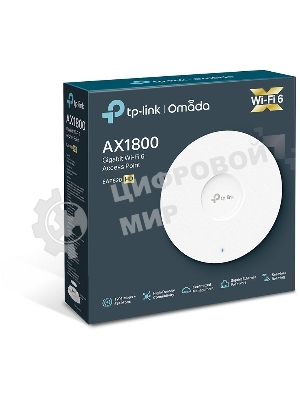 Точка доступа TP-Link 11AX dual-band ceiling access point, up to 1200 Mbit/s at 5 GHz and up to 574 Mbit/s at 2.4 GHz, 1 10/100/1000Mbps LAN port, support PoE 802.3at standard, support BSS coloring, Seamless Roaming, Mesh, Band Steering, Airtime Fairness, MU-MIMO, ma