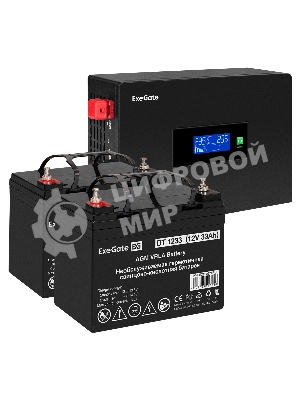 Комплект Источник бесперебойного питания EX295994RUS + батарея 33Aч EX282974RUS 2шт (инвертор, синус, для котла, PF=1, настенный) ExeGate IdealSine SR-1500.LCD.2SH 1500VA/1500W, чистая синусоида, цветной LCD-дисплей, 2*Schuko, крепление настенное, черный + батарея ExeGate DT 1233 (12В, 33А·ч) 2шт