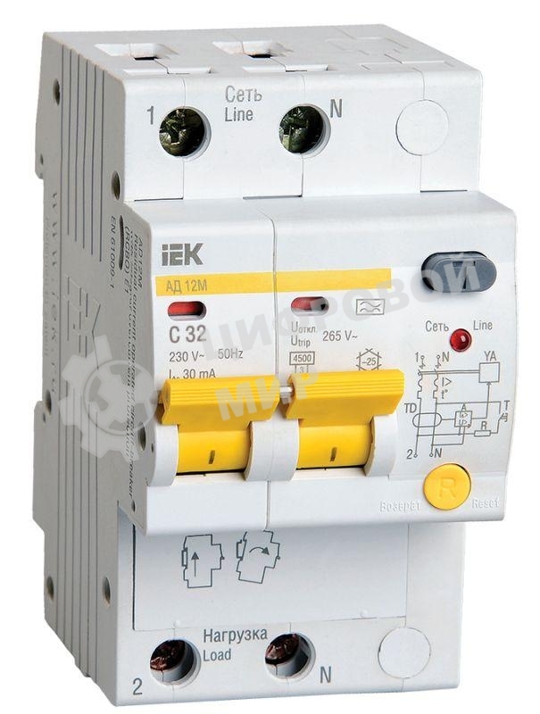 Выключатель автоматический дифференциального тока 2п C 32А 30мА тип A 4.5кА АД-12М IEK MAD12-2-032-C-030