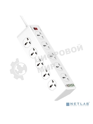 Сетевой удлинитель LDNIO SC10610/ 2м/ 10 розеток EU_UK_US/ 2500W/ 6 USB: QC 3.0+PD 3.0 30W/ White