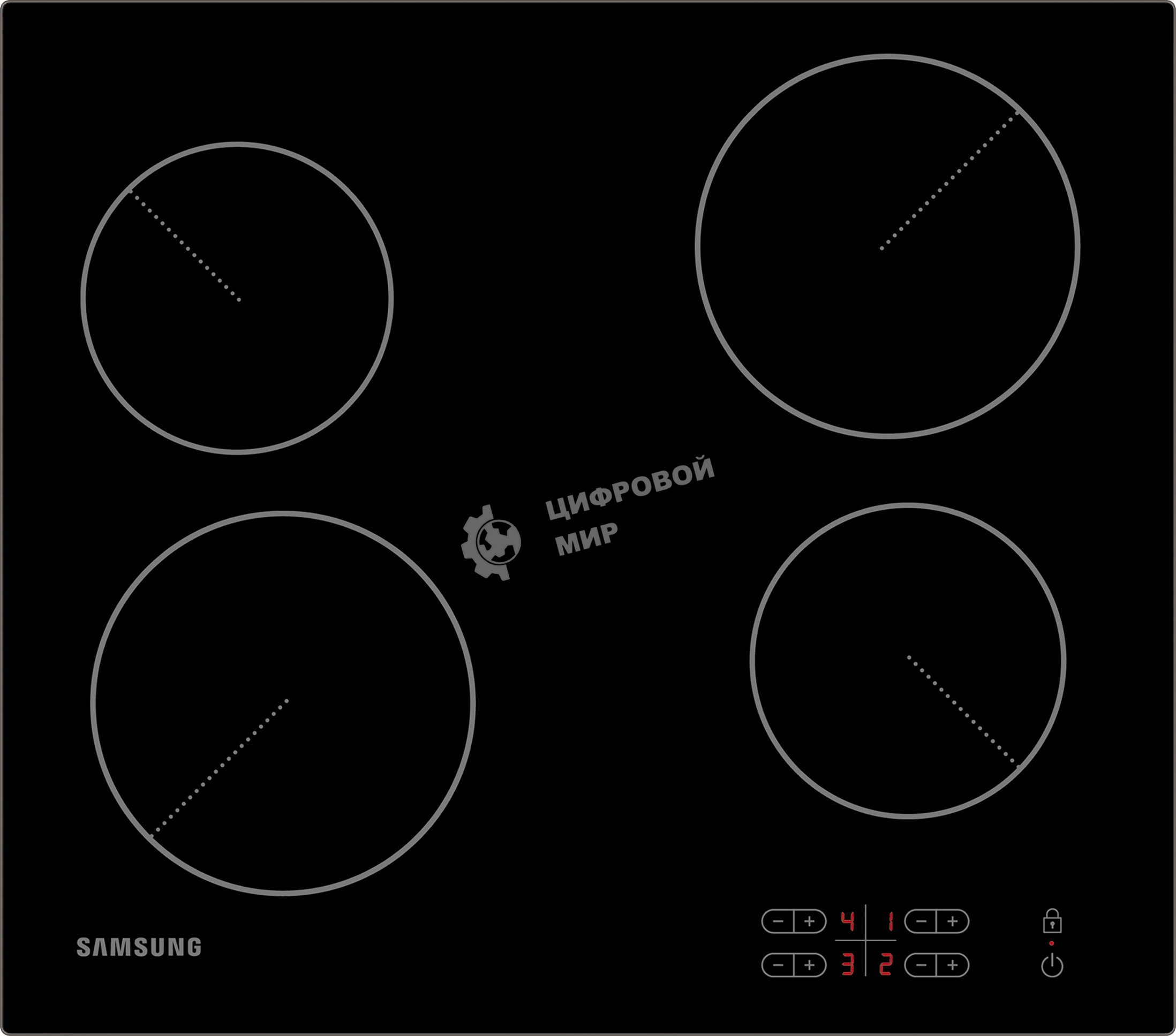 Встраиваемая электрическая панель Samsung NZ64T3506AK/WT 575x505x55 мм, стеклокерамика, 4 конфорки, скошенная рамка,сенсорное управление, светодиодный LED-дисплей, защита от детей, черный