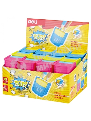 Точилка для карандашей ручная Deli ER00300 PoP, 2 отверстия, пластик, ассорти, дисплей