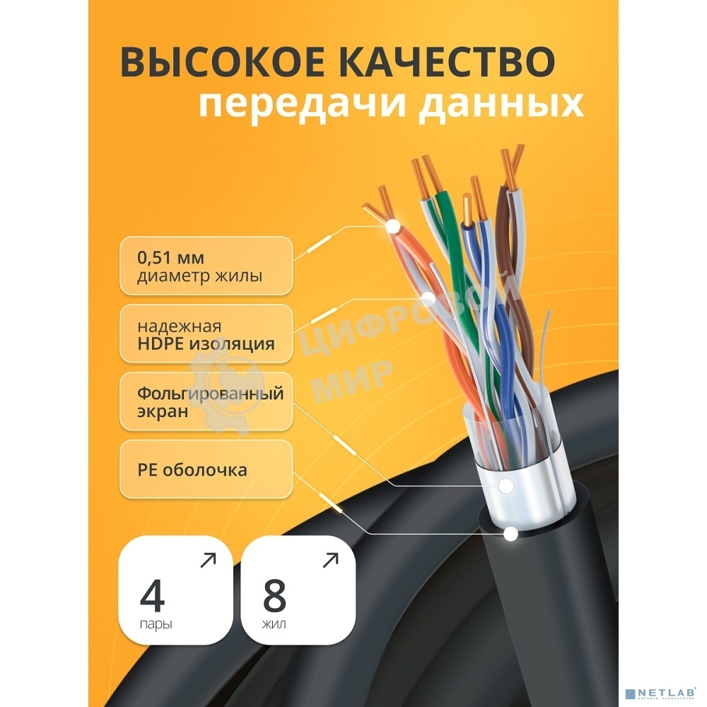Кабель витая пара Bion BCL-F5510-381 F/UTP, кат.5e, 4x2x0,51 мм AWG 24, медь, одножильный, PE, для внешней прокладки, 305м, черный
